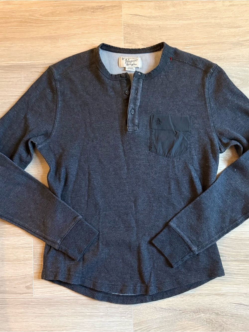 Original Penguin Long-Sleeve Henley Charcoal Waffle knit Streetwear Size M
